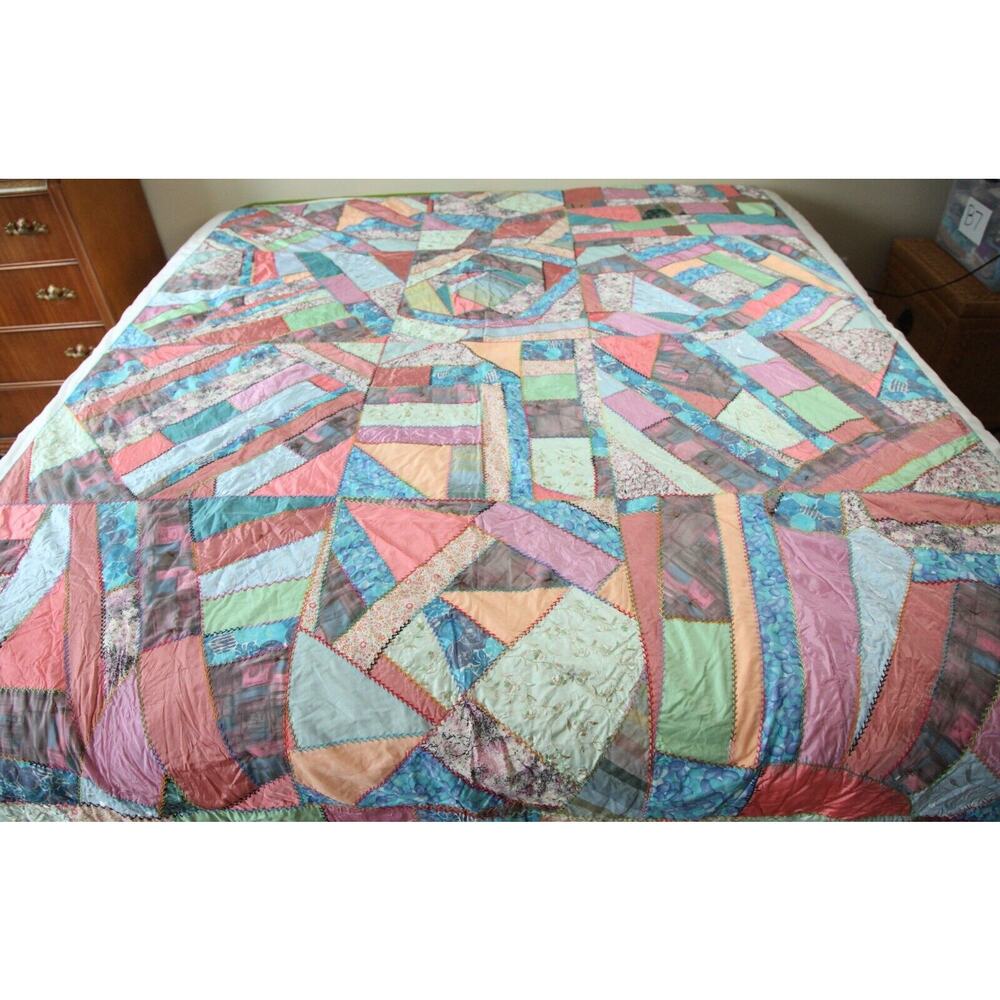 Vintage Crazy Quilt 86" x 69 Heavily Embroidered Pastel Colors Old Hand Tied